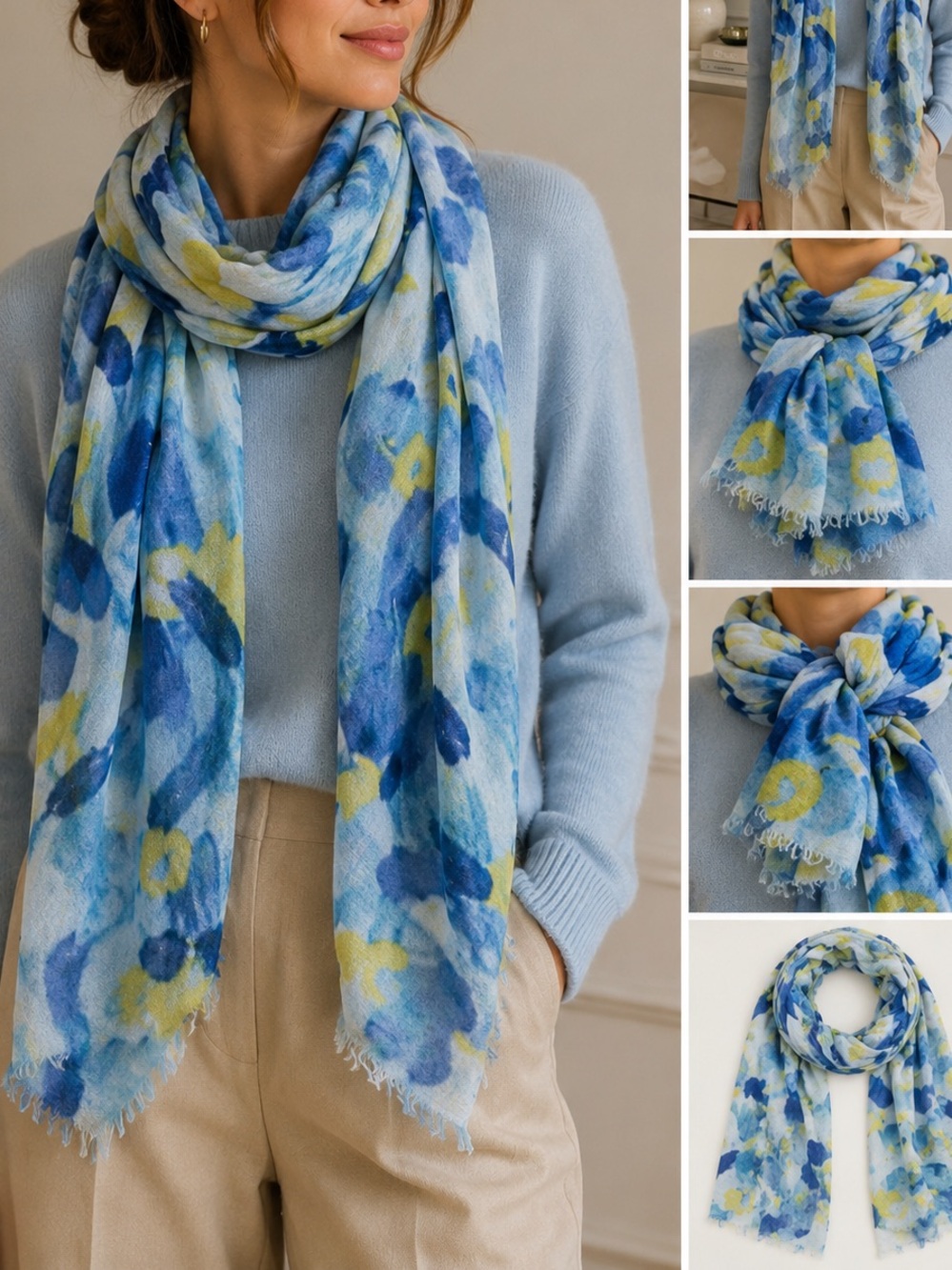 GOBI 100% Mongolian Cashmere Abstract Blue Yellow Fringe Long Scarf Wrap 63x22
